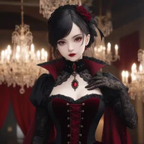 黒レースと赤差し色のゴシック貴族衣装を纏う吸血鬼の舞踏会姿