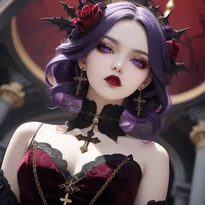 深紅の眼と黒装飾が輝く耽美な吸血鬼貴族の肖像