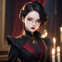 黒ベルベットの礼装に赤い瞳が映える威厳ある吸血鬼貴族