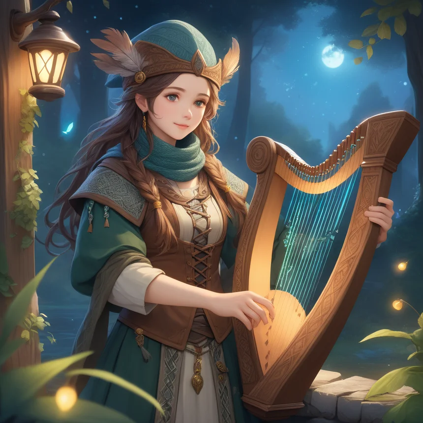 竪琴を奏でるケルト風の吟遊詩人。蛍が舞う幻想的な夜の酒場で描かれたAIイラスト。