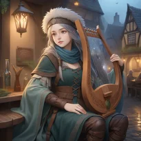 ケルトの酒場でリラ・ハープを奏でる吟遊詩人。重ね着のチュニックと羽根つき帽子が幻想的な夜に映える。