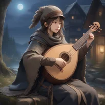夢のような夜、使い古されたウールのマントを纏いリュートを弾く旅人。風化した旅路を感じさせる服装。