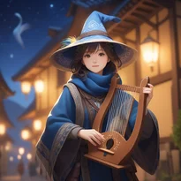 幻想的な夜の光の中、粗織りのフード付きポンチョ姿でリラ・ハープを奏でる、さすらいの吟遊詩人。