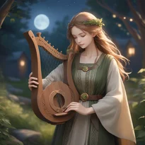 木漏れ月の下、アースカラーのクロークを纏いリラ・ハープを優雅に奏でる吟遊詩人。ケルト風の装い。