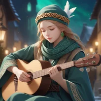 エメラルドのスカーフを巻いた吟遊詩人が、幻想的な夜の光の中、優雅に楽器を奏でている姿。