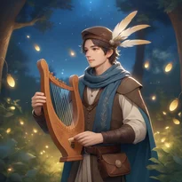 蛍が舞う幻想的な夜空の下、葉の模様が入った衣装の吟遊詩人がリラ・ハープを奏でている。
