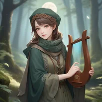 月明かりの下、深い森の色合いのフード付きクロークを纏った吟遊詩人が静かにハープを奏でる。