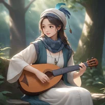 月明かりの下、植物模様のチュニックとベストを着てリュートを奏でる吟遊詩人。羽根飾りのチャームが揺れる。