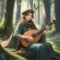 深い森の緑と苔むした茶色のクロークを纏い、月下の森で静かにリュートを弾く吟遊詩人。