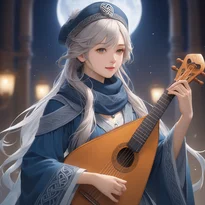青と銀糸でケルト模様が織り込まれたローブを纏い、月光を浴びてリュートを奏でる神秘的な吟遊詩人。