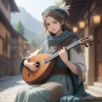 精緻なケルト刺繍のチュニックを着て羽根つき帽子を被り、リュートを奏でる落ち着いた雰囲気の吟遊詩人。