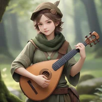 アースカラーの風化した服を着た吟遊詩人が、ケルト結びのブローチを留め、森の中でリュートを奏でている。