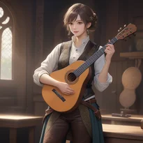 精巧なケルト刺繍のシャツと革ベストを纏った吟遊詩人が、旅の相棒であるリュートを手に佇んでいる姿。