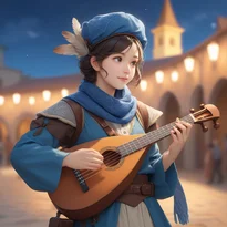 月明かりの下、手縫いの粗織り衣装と羽根付き帽子を身に着けた吟遊詩人が、小さなリュートを奏でている。