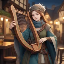 中世ケルトの酒場、アースカラーの衣装を着た吟遊詩人がリラハープを奏で、幻想的な夜の雰囲気を醸す。
