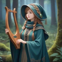 幻想的な夜、フード付きポンチョを着た吟遊詩人が、森の中でライアーハープを静かに奏でる。