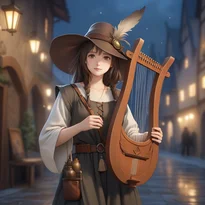 幻想的な夜、つば広の帽子を被った旅装の吟遊詩人が、素朴なチュニック姿でハープを奏でる。