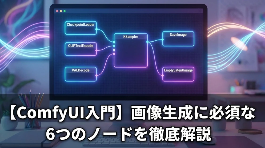ComfyUIで画像生成を行うための基本ワークフロー。6つの必須ノードを接続した初心者向け構成図。