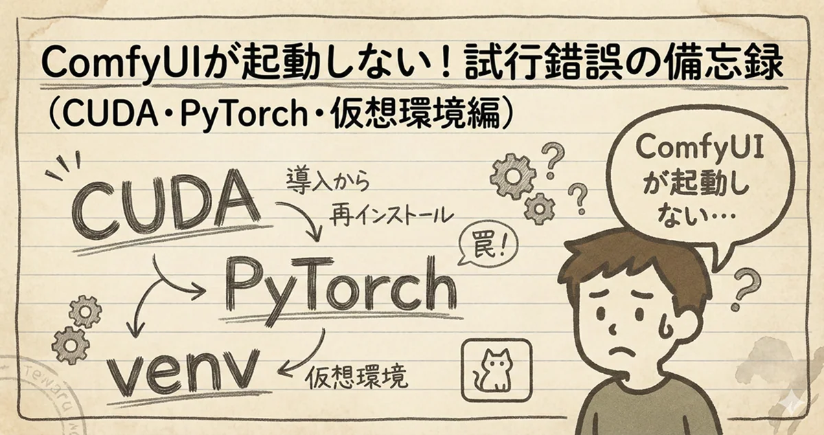 ComfyUIが起動しないと悩む様子を描いた日記風アイキャッチ画像。CUDAやPyTorchなどのキーワード入り。
