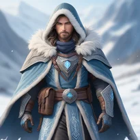 ルーンを刻んだ革鎧の上に、骨の装飾が施された厚い毛皮のマントを羽織った屈強な狩人の姿。