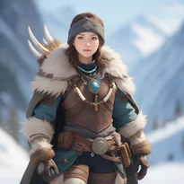 狼の毛皮の鎧に骨で補強した革のレギンスを着用。鹿の角と動物の牙の首飾りをつけた狩人。