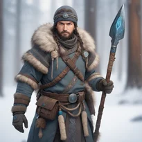 狼の毛皮と樹皮の質感を持つ衣装をまとい、ルーン石のベルトを締めた聖地の守護者が氷の槍を構える。