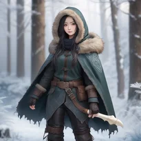 回答1霜が降りた毛皮のフードを被り、ルーンを刻んだ骨の留め具付き革鎧を纏う冬の森の守護者。