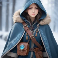 回答3毛皮のフード付きマントを纏い、獣のモチーフが刻まれた革と鹿の角の留め具を装備したレンジャー。