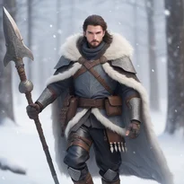 回答4毛皮のグリップの槍を手に、狼の毛皮マントと骨の飾りが特徴的なルーン革鎧を纏う狩人。