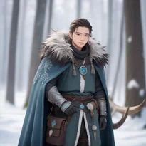 霜の降りた毛皮のマントと骨の装飾が特徴的な、ルーンを刻んだ革鎧を纏う冬の森の狩人。