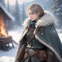 骨の装飾とルーン石を下げたベルトが特徴的な、厚い狼の毛皮のマントを羽織る荒野の狩人。