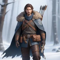 ルーンを刻んだ骨の柄のナイフと長弓を装備し、使い古した質感の毛皮の衣装を纏う狩人。