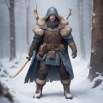 猛吹雪の中、ルーンを刻んだ革鎧と毛皮のフードを纏う探検家。セイウチの牙の短剣を手に、雪原を進む姿。