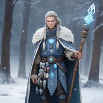 光るルーンの杖を手に猛吹雪に立つ聖地の守護者。骨の肩当てと毛皮のマントを纏った荘厳な姿。