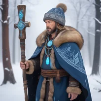 ルーン刺繍の毛皮帽子と骨飾りのマントを纏ったシャーマン。光るルーンが刻まれた杖を手にしている。