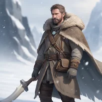 吹雪の中、雪に紛れる薄灰色の毛皮マントを纏った狩人。牙の短剣と氷の穂先の槍を静かに構える。