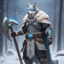 猛吹雪の中、骨飾りとルーンの革鎧をまとい、光るルーンの斧を構える聖地の守護者。