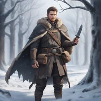 猛吹雪の森で、骨で補強した装備と革のポーチを身に着けた北欧風のレンジャーの姿。