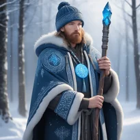 猛吹雪の中、ルーン刺繍の毛皮帽を被り、光るルーンの杖を持つシャーマン風の守護者。