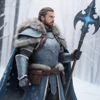 猛吹雪の中、骨飾りとルーンの革鎧をまとい、氷のような穂先の狩猟槍を構える守護者。