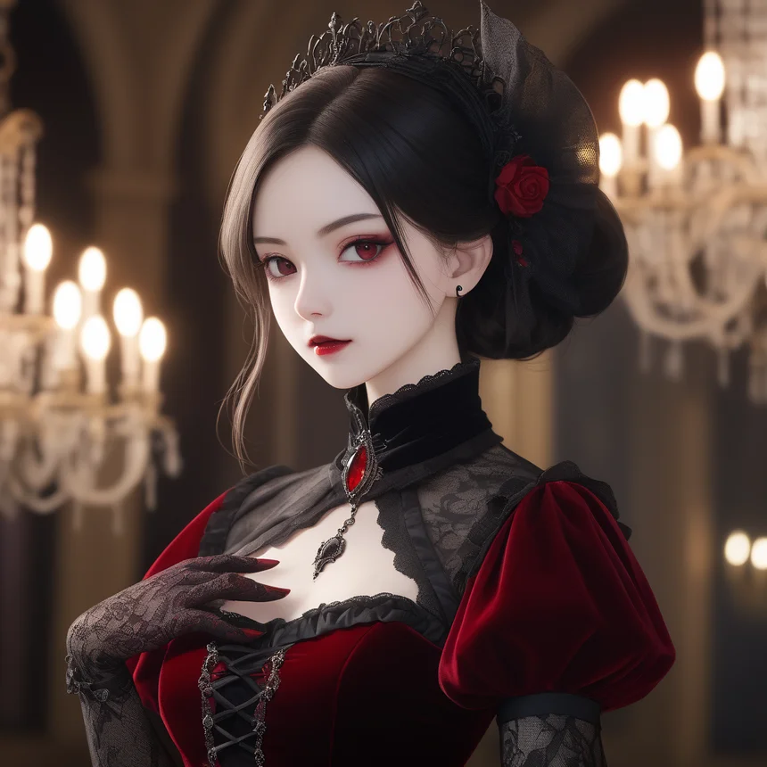 漆黒のベルベットとレースのドレス、ハイカラーのヴァンパイア貴族のイラスト。