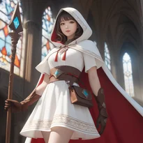 陽光差す大聖堂で杖を持つ、赤い三角模様のフードと透け感のある衣装を纏った白魔導士の全身像。
