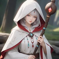 パール調の輝きを放つ白いローブと赤い縁取りのフードを纏い、古びた杖を手に持つ慈愛に満ちた白魔導士。