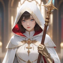 聖なる装束と金縁のブーツを身に付け、鋭い先端の杖と指抜きグローブを装備した白魔導士の衣装。