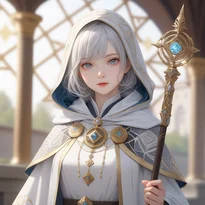 金色の幾何学模様が施されたルネサンス風のローブを纏い、クリスタルの杖を携えた気品ある白魔導士。