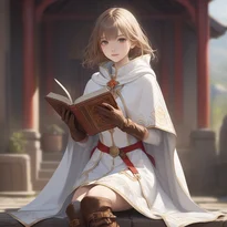 金色のアクセントと赤いリボンが映える白いローブに、聖なる魔導書と革ブーツを合わせた白魔導士の装い。