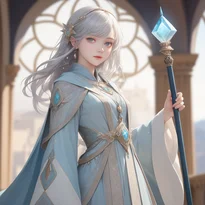 真珠のような光沢を持つ二層構造の魔導師ローブを纏い、守護の杖を構えた幻想的で静謐な白魔導士の姿。