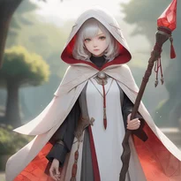 パールの光沢がある白いケープと赤い幾何学模様のフードを纏い、爪状の杖を携えた幻想的な白魔導士。