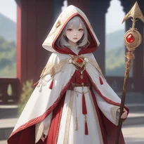 赤と金のジグザグ模様が映えるローブと金色のブローチを身に着け、赤い宝石の杖を持つ清廉な白魔導士。