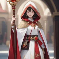 赤い模様入りのフードと宝石付きベルトを装備し、赤い宝石が輝く杖を構えた王道スタイルの白魔導士。